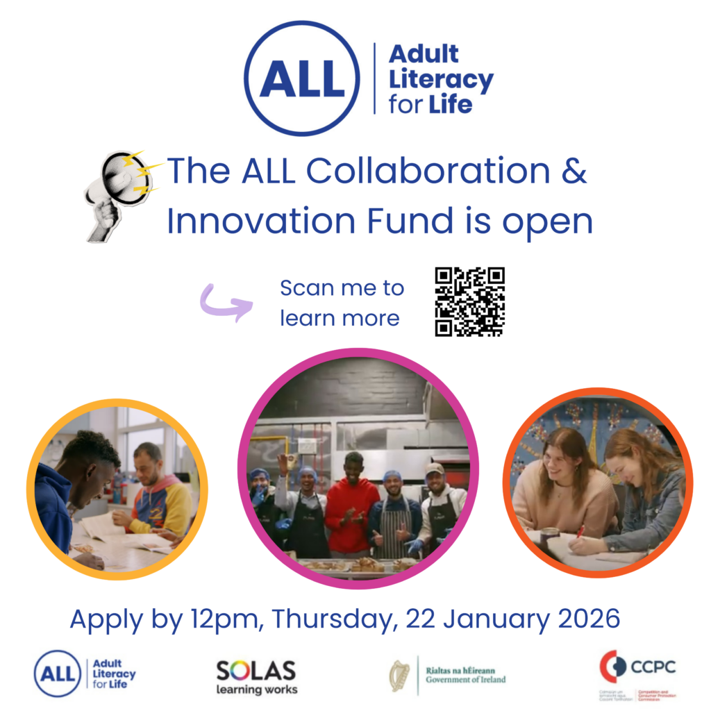 Three circles with images depicting people engaged in literacy projects and details of the Adult Literacy for Life Fund provided.