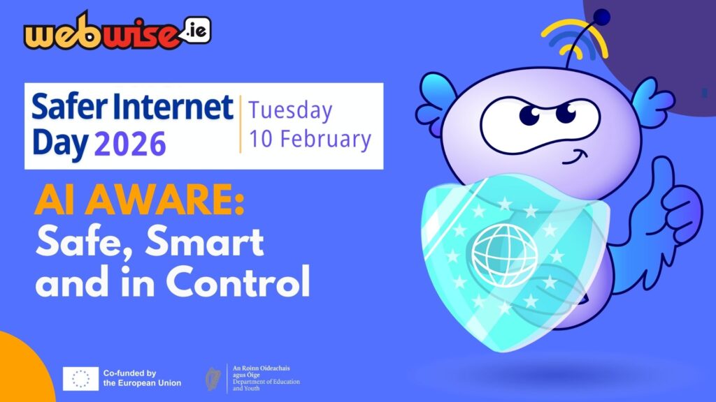 Safer Internet Day theme information and cartoon character with shield