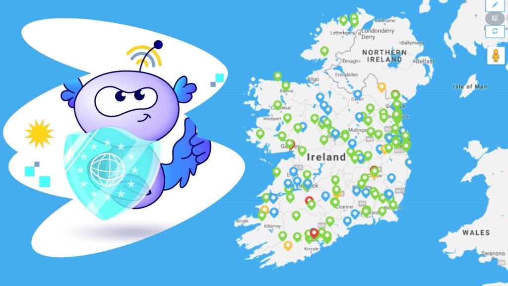 Safer Internet Day cartoon character with shield and map of Ireland with the locations of activities identified in green